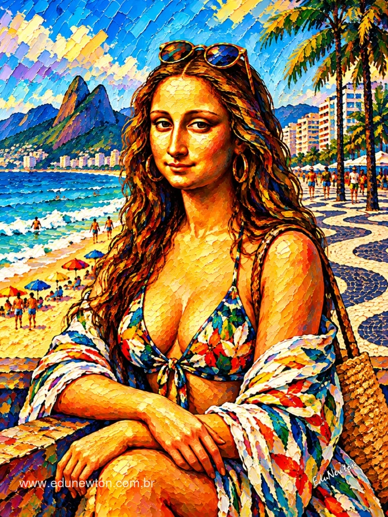 Gafas sobre la cabeza, ropa de playa y la misma sonrisa enigm&aacute;tica.
