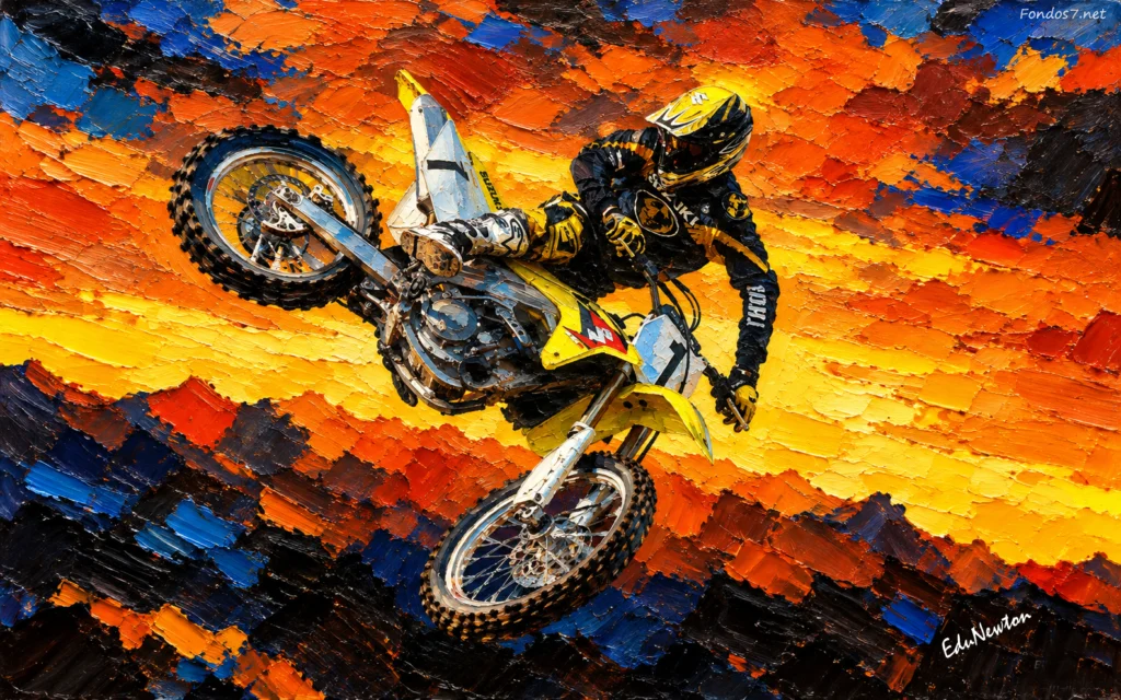 Um piloto de motocross inclina a moto no ar durante uma acrobacia, recortado contra o céu alaranjado.