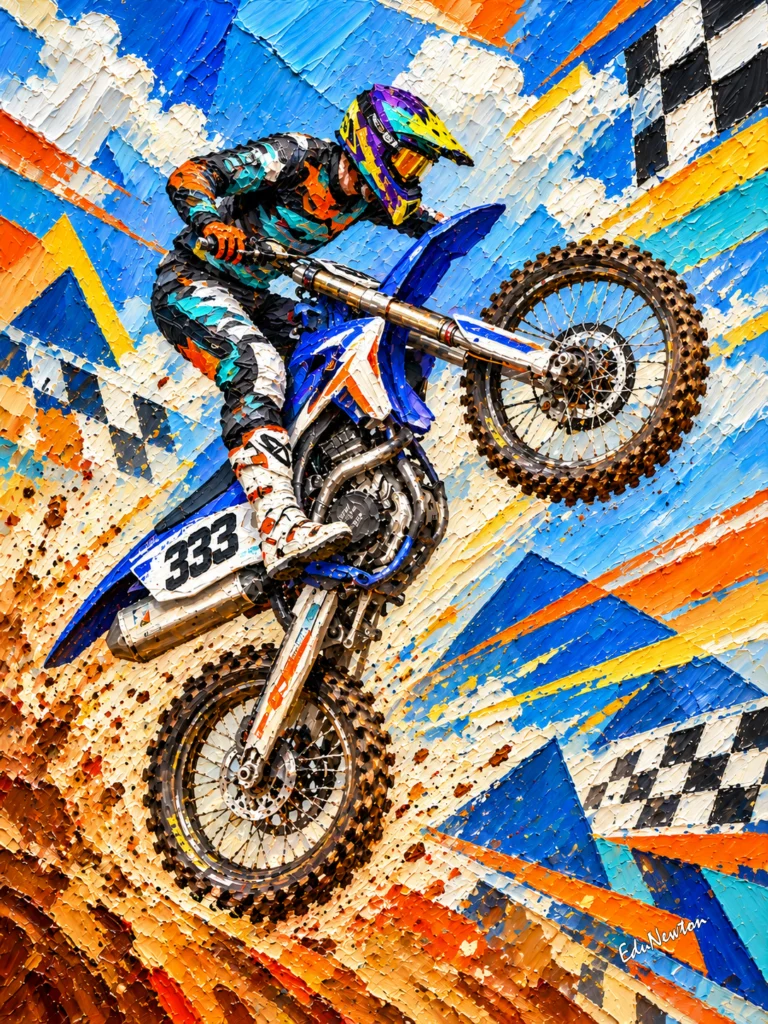 Piloto de motocross salta com a moto entre formas azuis, laranjas e bandeiras quadriculadas.