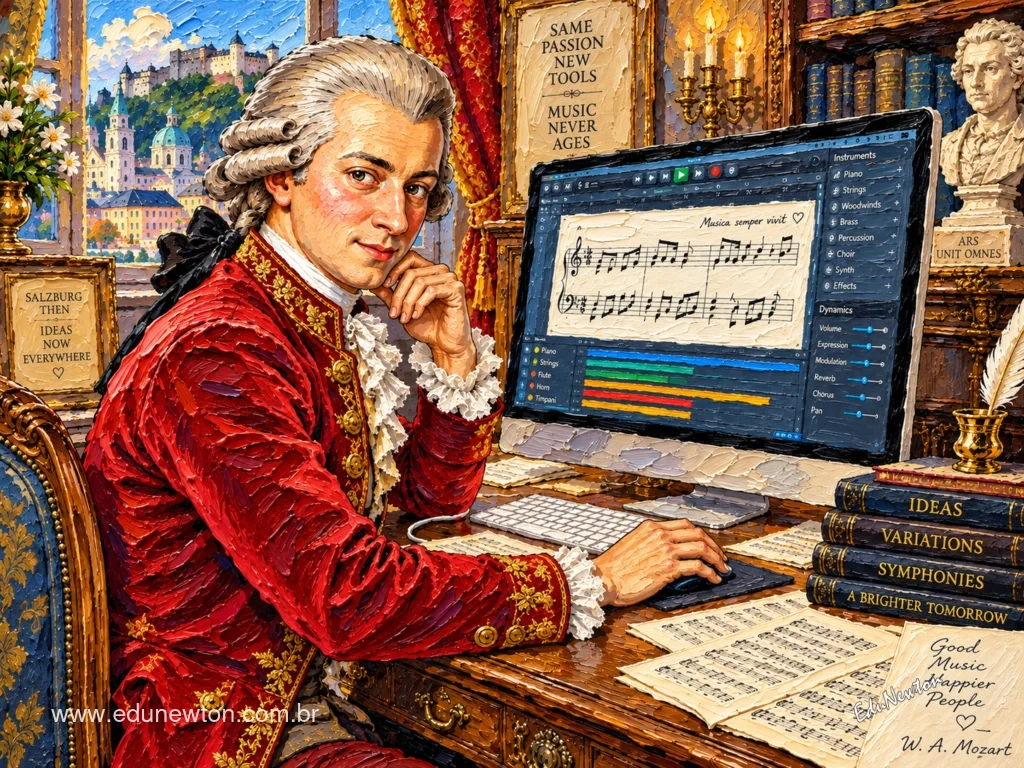 Mozart compone ante un ordenador, entre partituras y libros.