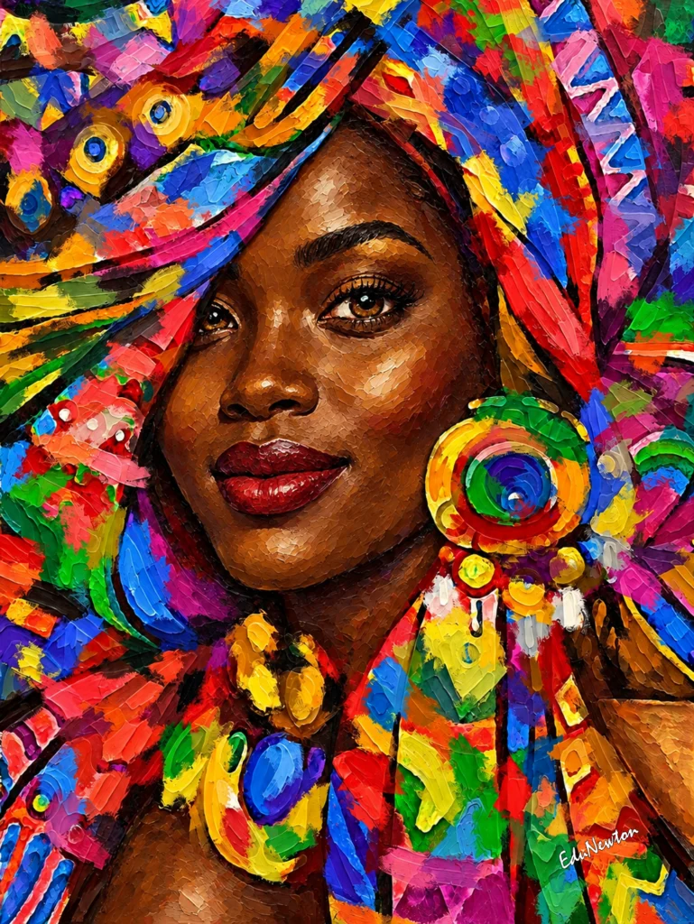 Uma mulher angolana aparece em retrato com turbante colorido, brincos e olhar direto.