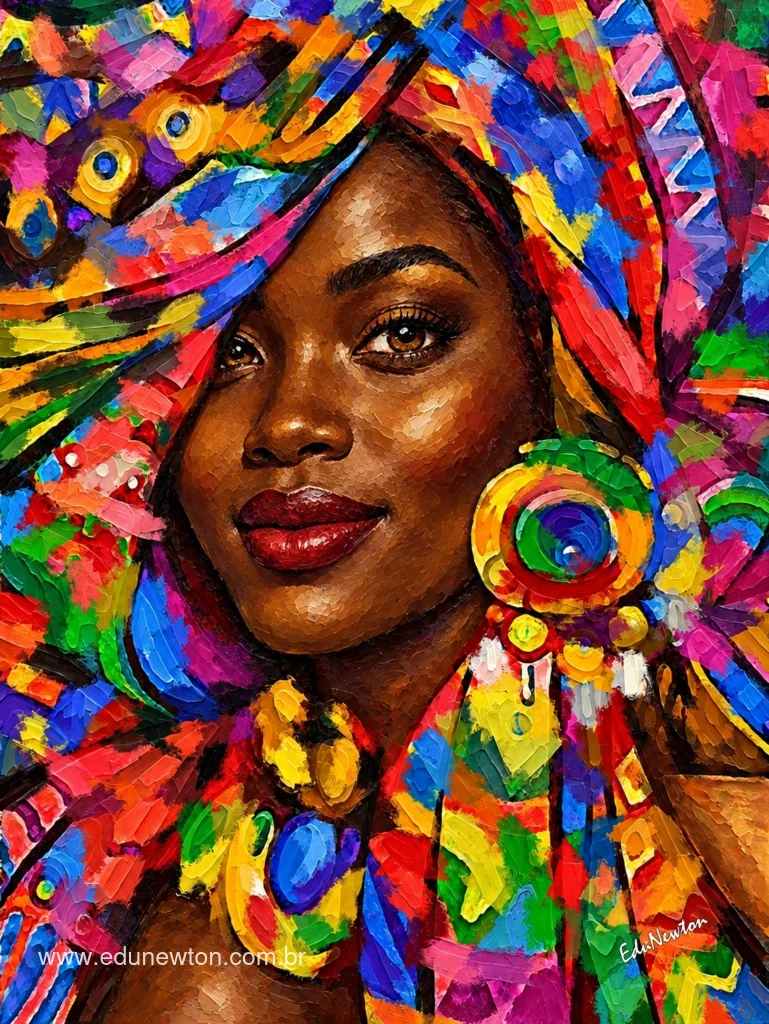 Una mujer angole&ntilde;a aparece retratada con un turbante de colores, pendientes y una mirada directa.