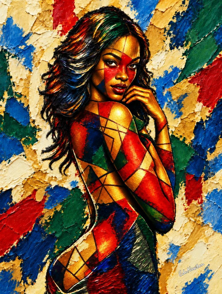 Uma mulher negra aparece em destaque diante de um cenário abstrato, com o rosto e a expressão no centro da cena.