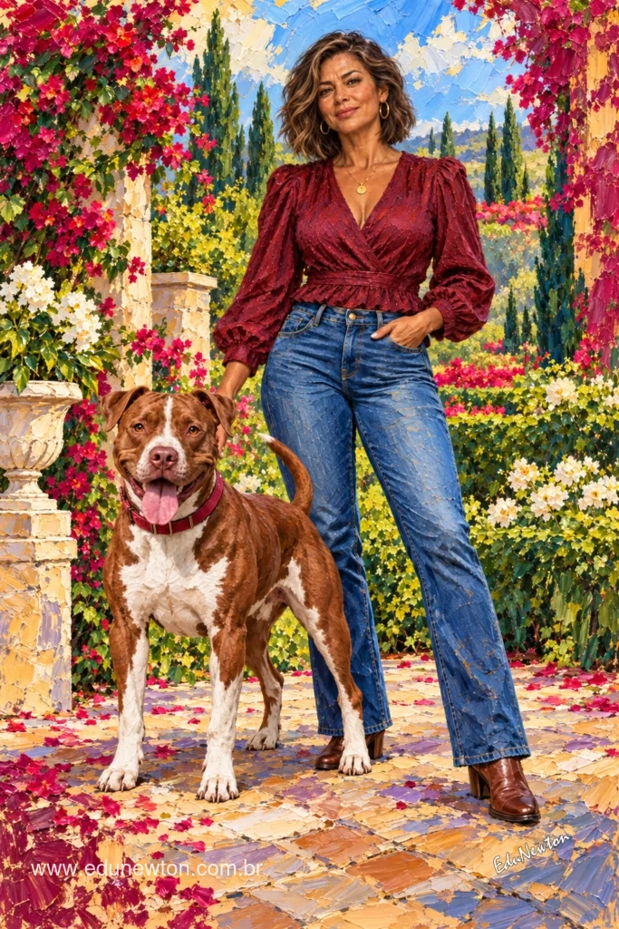Una mujer posa junto a un pitbull en un jard&iacute;n florido.