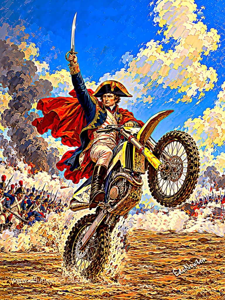 Con la espada en alto, Napoleón avanza en una moto de motocross.