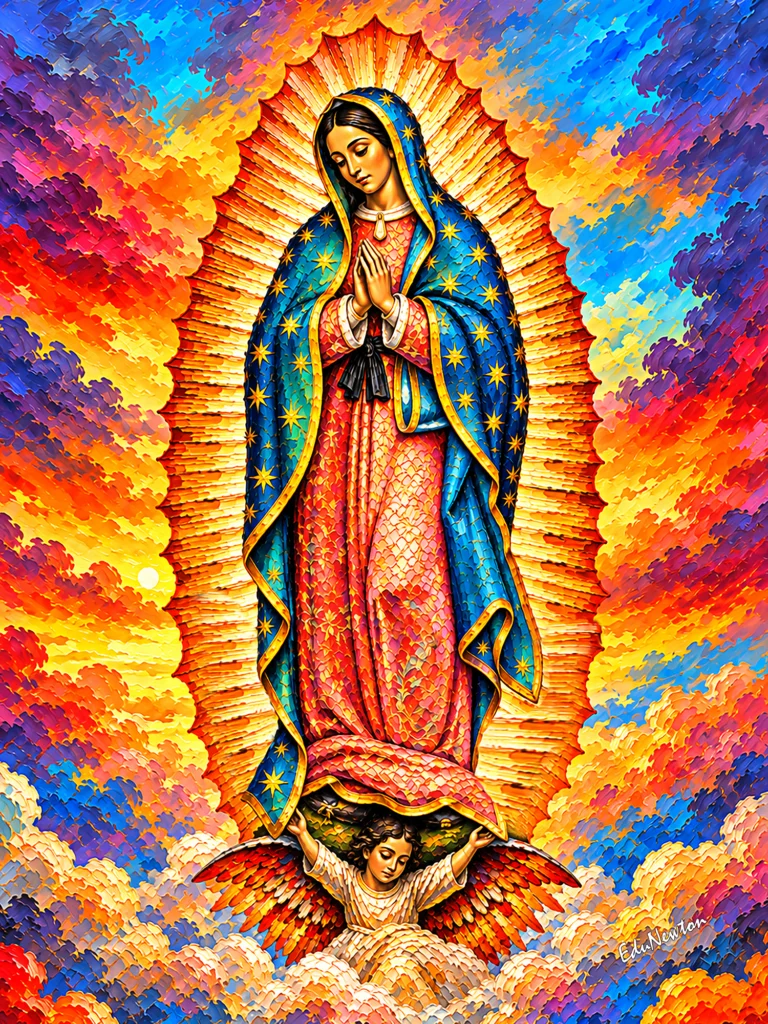 Nossa Senhora de Guadalupe aparece com as mãos unidas e o manto estrelado, envolvida por uma luz dourada.