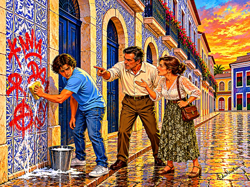Sob o olhar dos pais, o jovem limpa a pichação de uma fachada de azulejos.