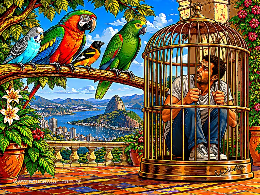 Los pájaros observan, libres, a un hombre encerrado en una jaula.