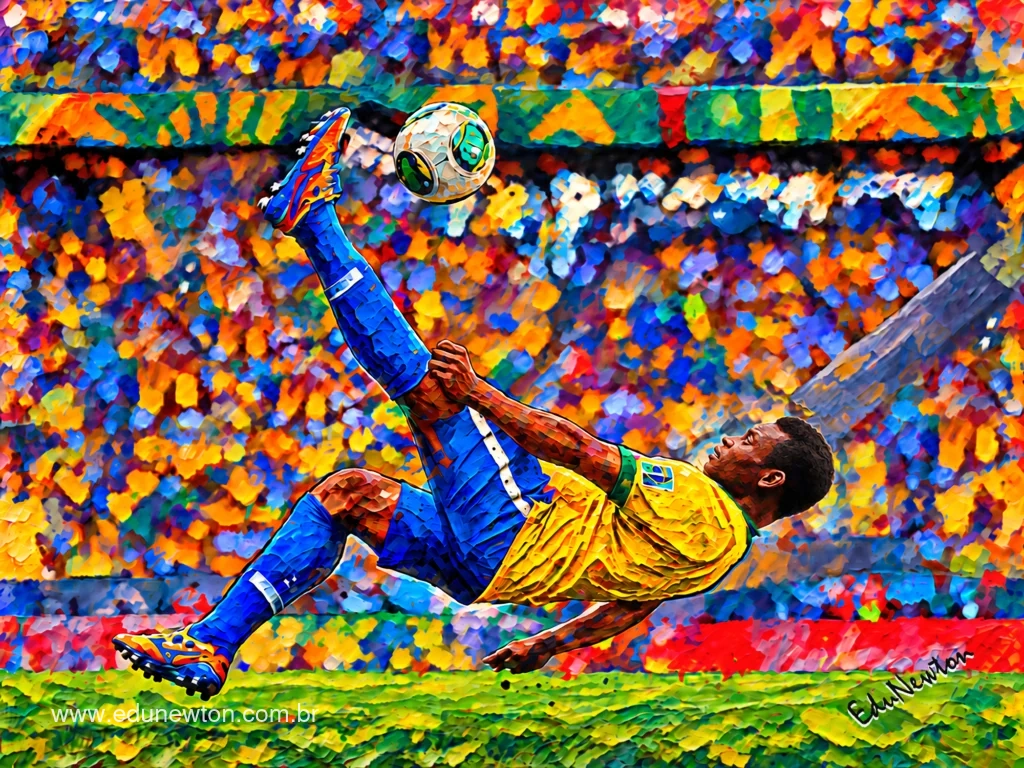 Pel&eacute; performs a bicycle kick before the stands, his body almost horizontal as he reaches for the ball.