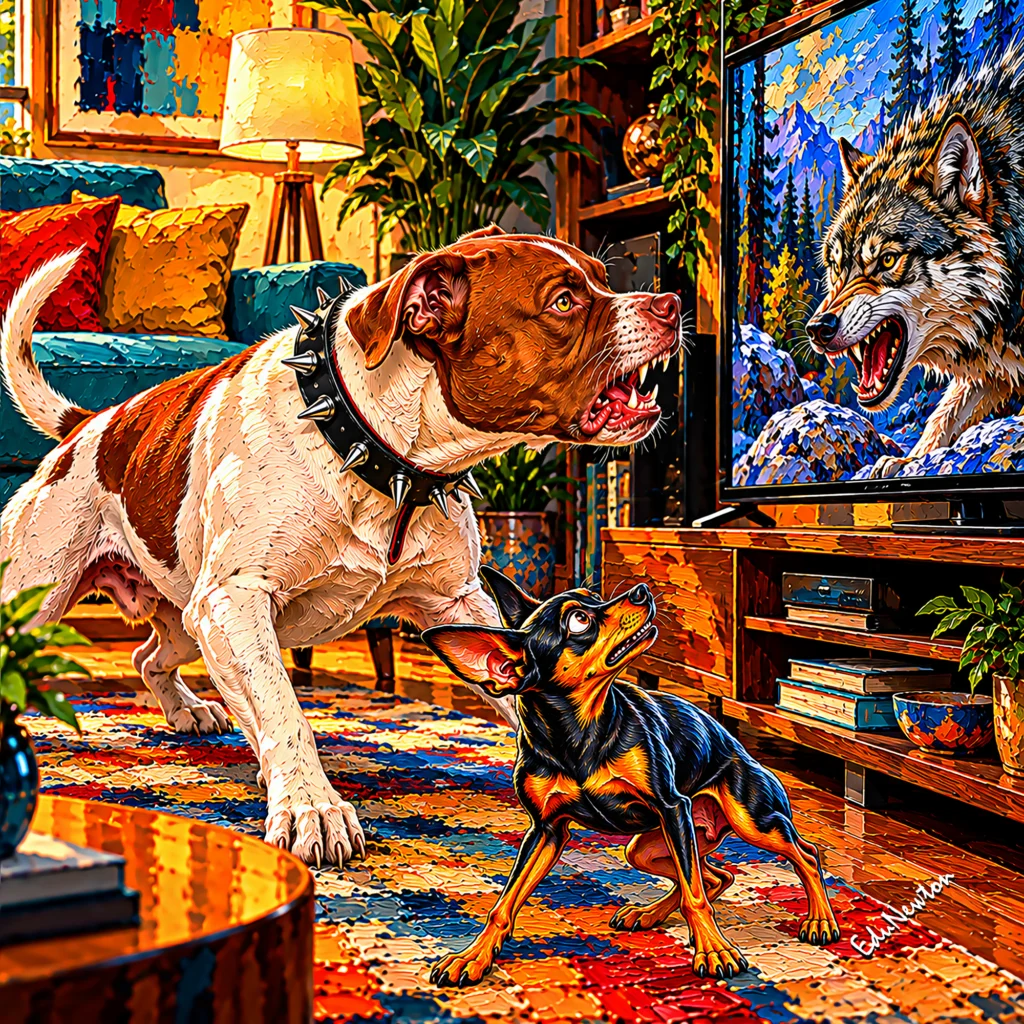 Pitbull e pinscher encaram um lobo na tela da televisão.