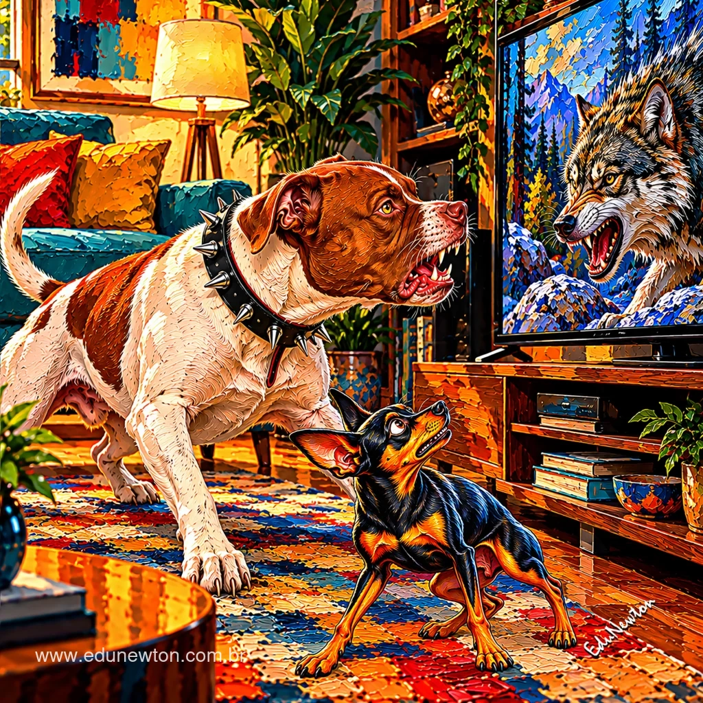 The dogs differ in size, but their determination to confront the TV is the same.