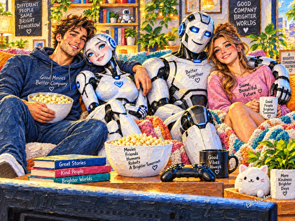 Humanos e robôs formam dois casais no sofá, entre pipoca e sorrisos.