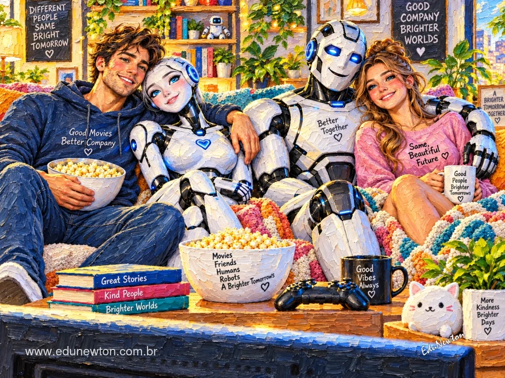 Humanos y robots forman dos parejas en el sof&aacute;, entre palomitas y sonrisas.