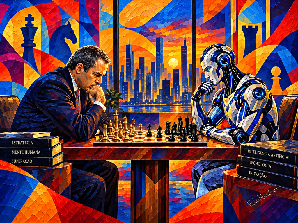 Garry Kasparov diante de um tabuleiro de xadrez em confronto com o computador Deep Blue.
