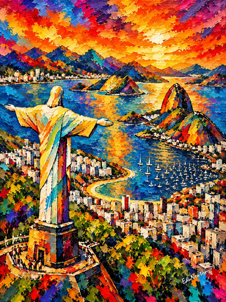 Os braços do Cristo Redentor se abrem sobre a cidade, com o Pão de Açúcar adiante.