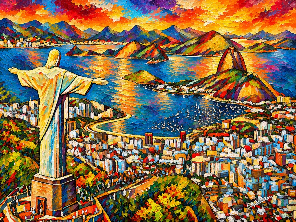 O Cristo Redentor aparece em primeiro plano, enquanto prédios, barcos, água e montanhas se distribuem pela paisagem do Rio de Janeiro.