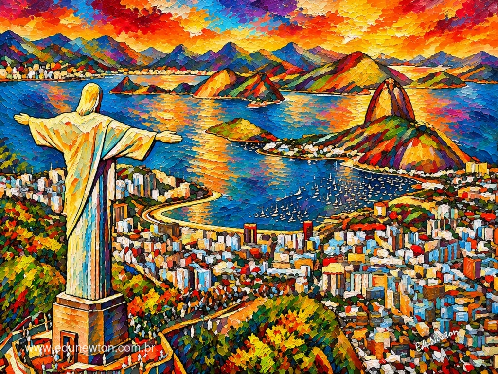 El Cristo Redentor aparece en primer plano, mientras edificios, barcos, agua y monta&ntilde;as se distribuyen por el paisaje de R&iacute;o de Janeiro.