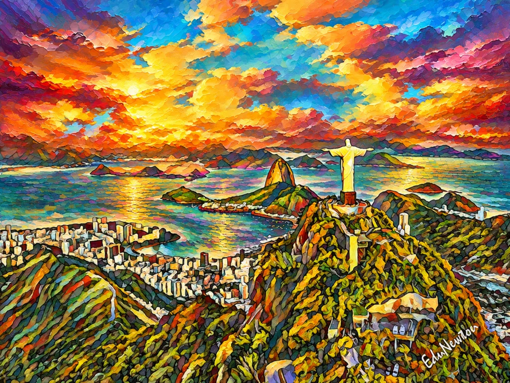Mar, montanhas e prédios do Rio de Janeiro sob um céu de cores intensas.