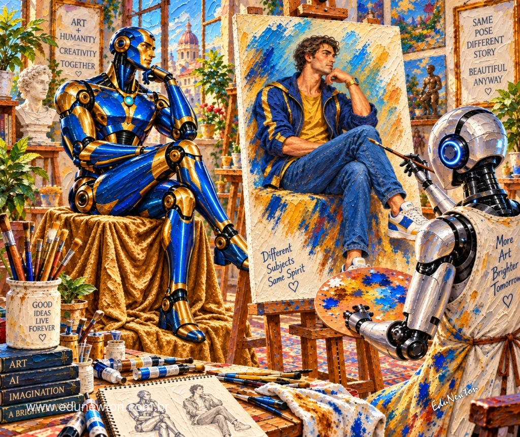 One robot poses while another paints it as a person.