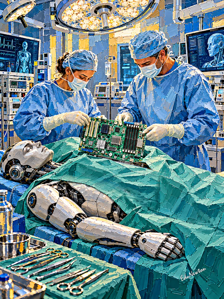 Dois médicos aparecem diante de um robô tratado como paciente em uma sala hospitalar, criando uma inversão entre cuidado humano e tecnologia.
