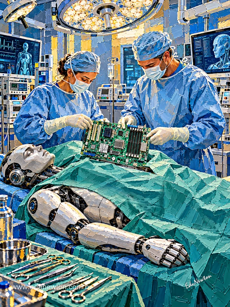 Two doctors stand before a robot being treated as a patient in a hospital room, reversing the relationship between human care and technology.