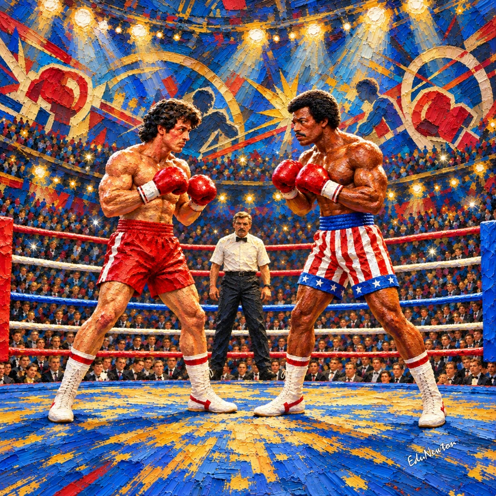 Rocky Balboa e Apollo Creed se encaram de luvas erguidas, sob as luzes da arena.