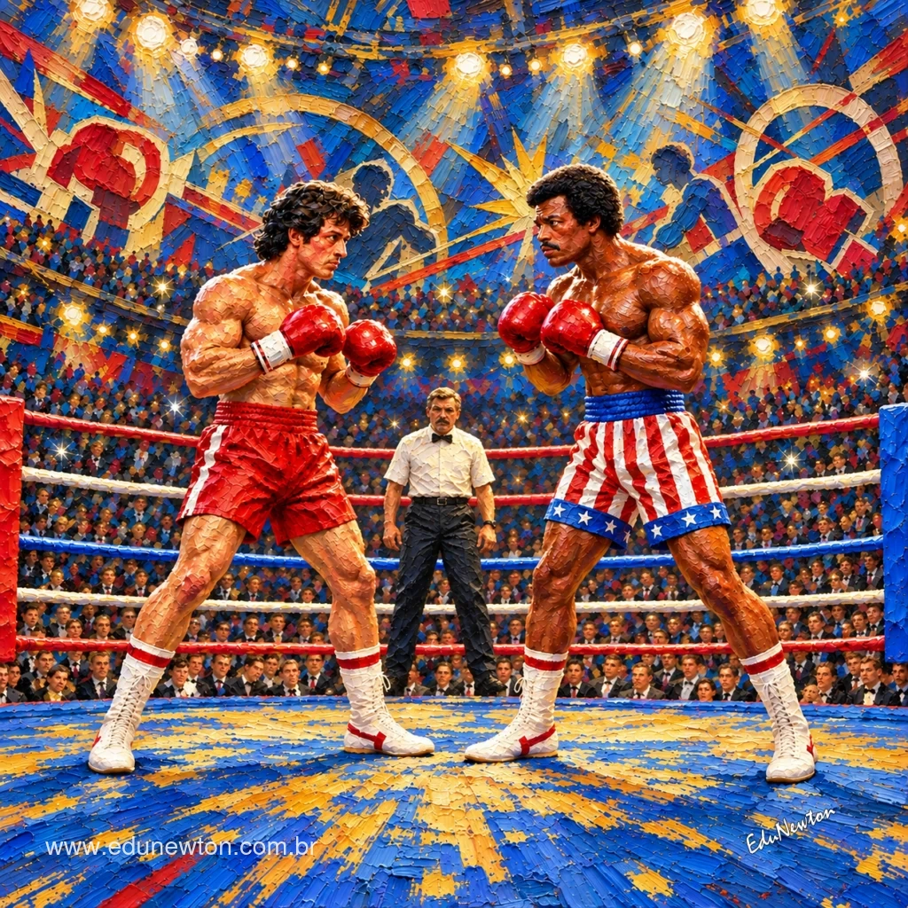 Rocky Balboa y Apollo Creed se miran con los guantes en alto bajo las luces de la arena.