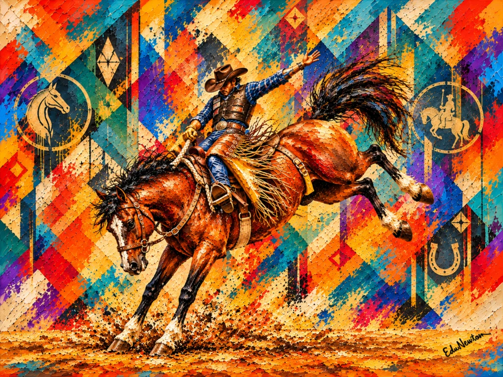 Cavalo salta com um peão sobre o dorso em uma arena de rodeio.