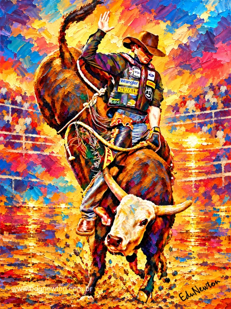 Un toro avanza con un jinete sobre el lomo en una escena de rodeo marcada por la fuerza, el riesgo y el movimiento.