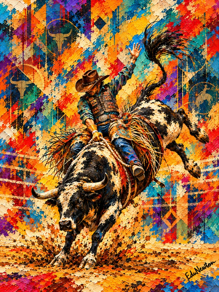 Touro salta com um cowboy sobre o dorso e um dos braços aberto.