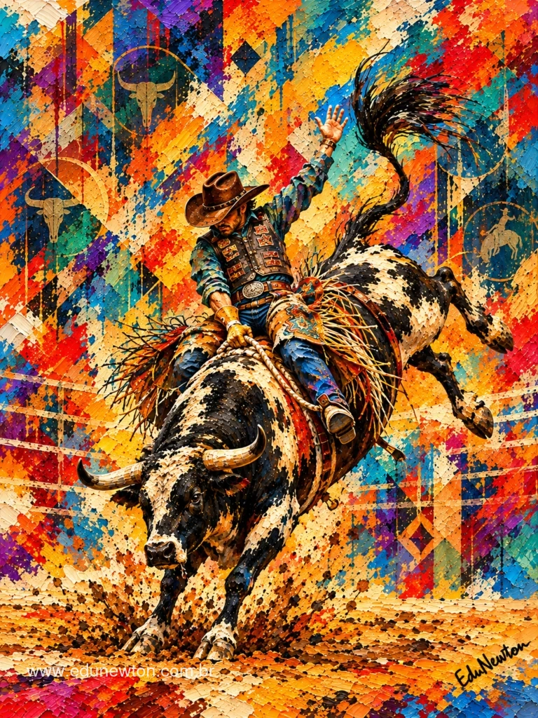 A bull lifts its body in a leap while the cowboy follows the movement with one arm extended.