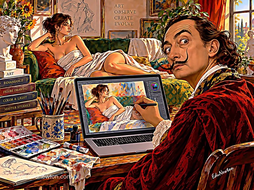 Salvador Dalí retrata a una mujer en una pantalla digital, rodeado de pinceles y referencias del estudio.