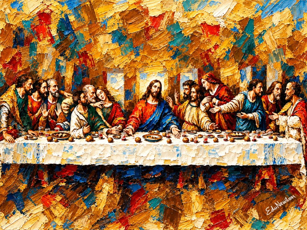 Jesus e os discípulos se reúnem à mesa na representação da Santa Ceia.