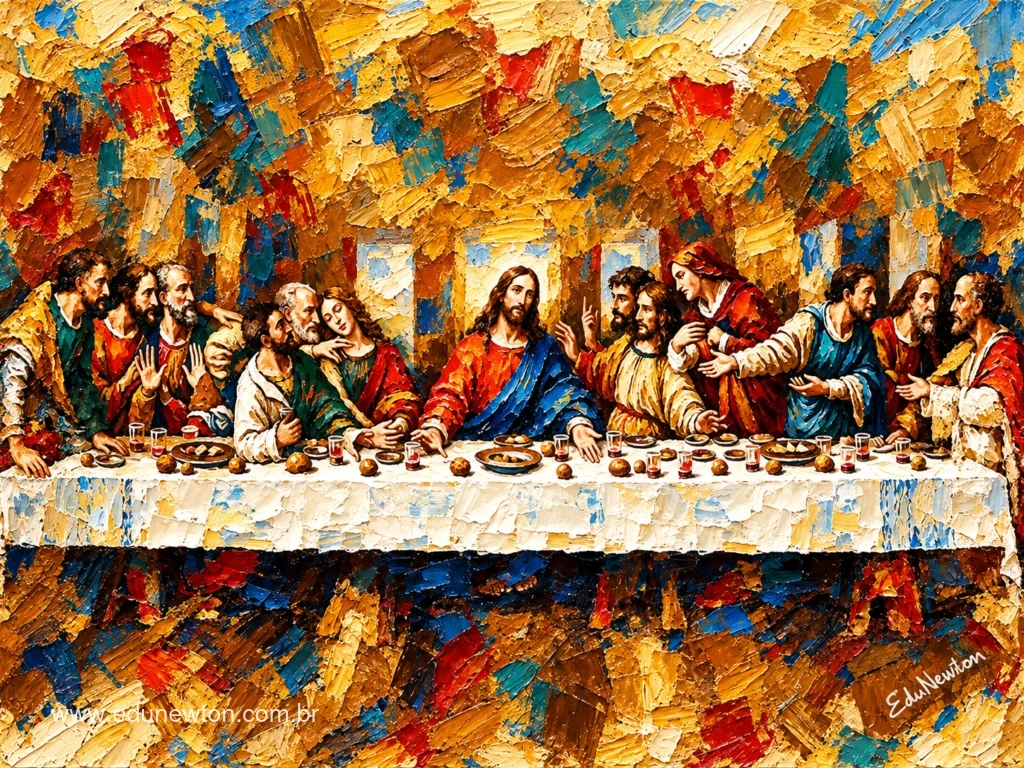 Jes&uacute;s y sus disc&iacute;pulos se re&uacute;nen a la mesa en una representaci&oacute;n de la &Uacute;ltima Cena.