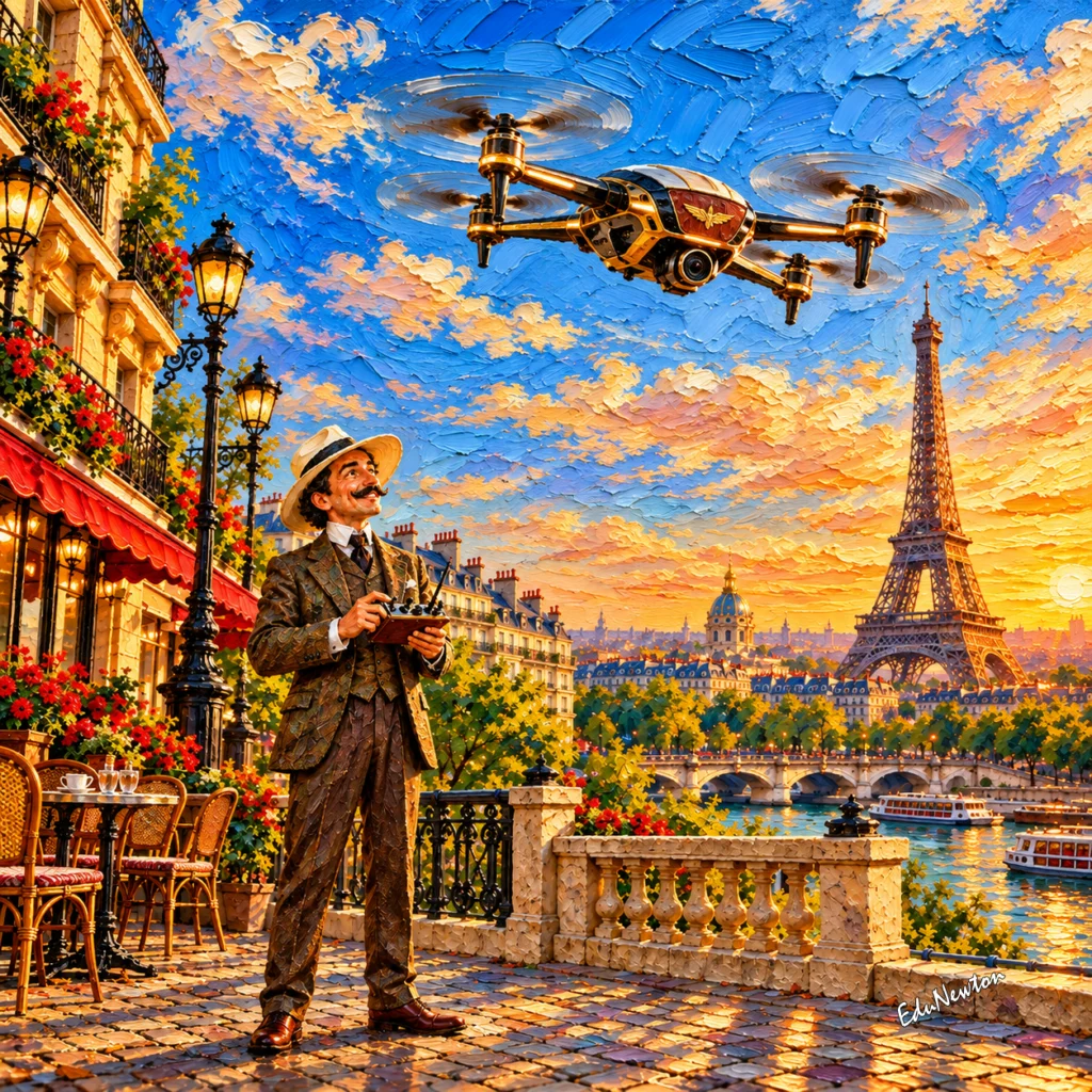 Santos Dumont controla um drone diante da paisagem de Paris.