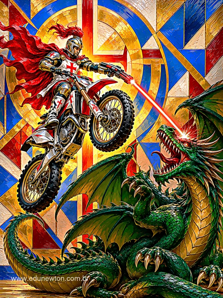 En moto y con un arma luminosa, san Jorge se enfrenta al dragón.