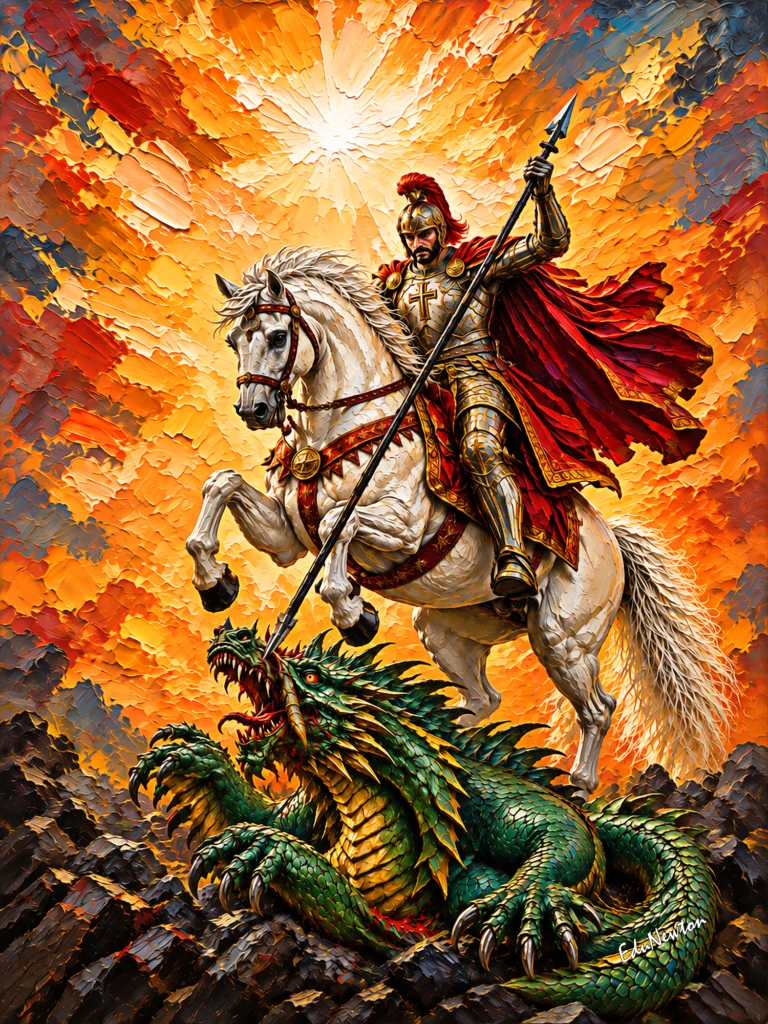 São Jorge, sobre o cavalo branco, ergue a lança diante do dragão.