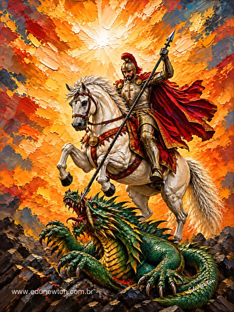 San Jorge, sobre un caballo blanco, alza la lanza ante el drag&oacute;n.