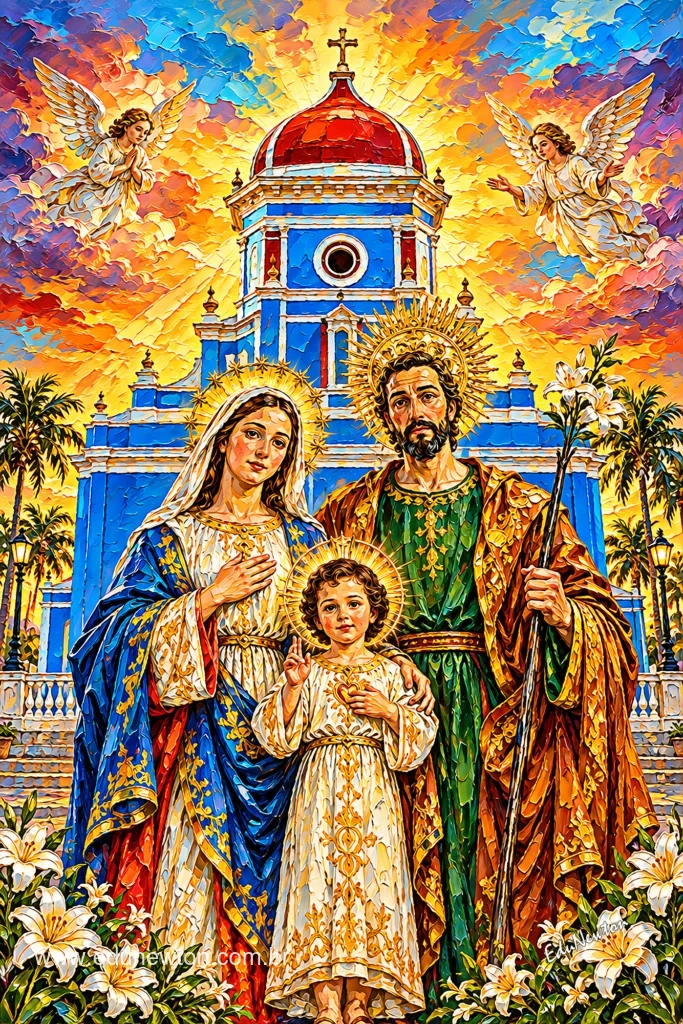 San José, María y el Niño Jesús aparecen ante la iglesia de São José de Ribamar, entre flores y figuras aladas.