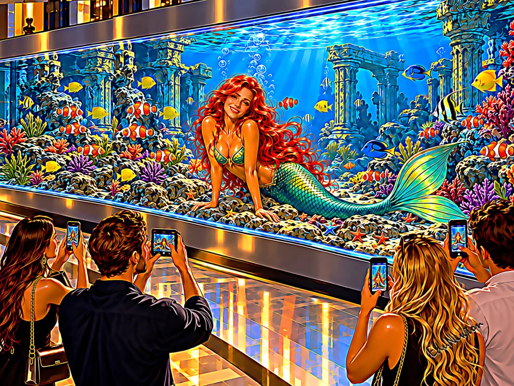 Sereia posa em um aquário enquanto visitantes a fotografam.