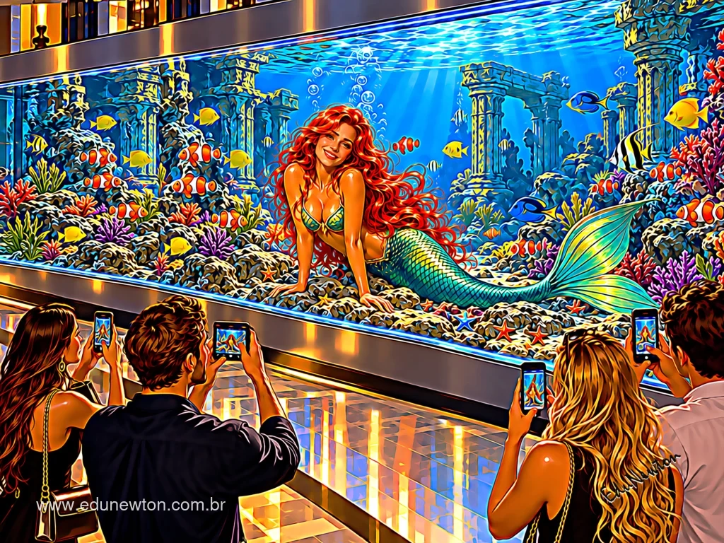Una sirena posa en un acuario mientras los visitantes la fotografían.
