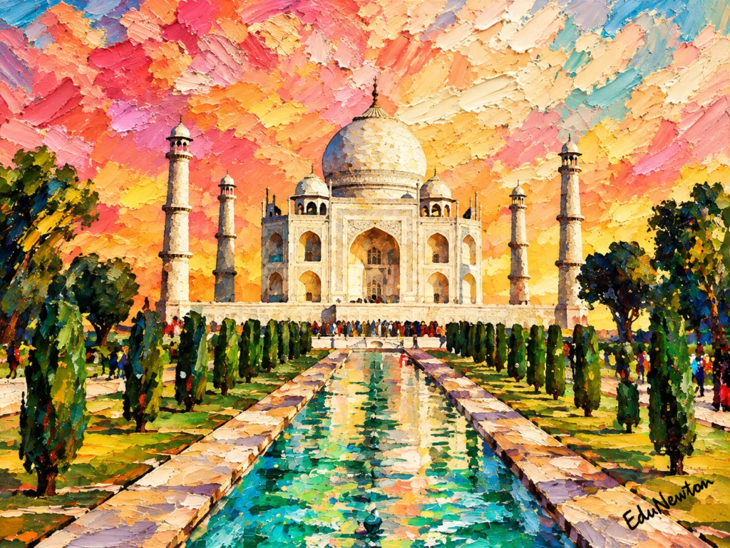 Taj Mahal refletido na água sob um céu em tons de rosa e dourado.