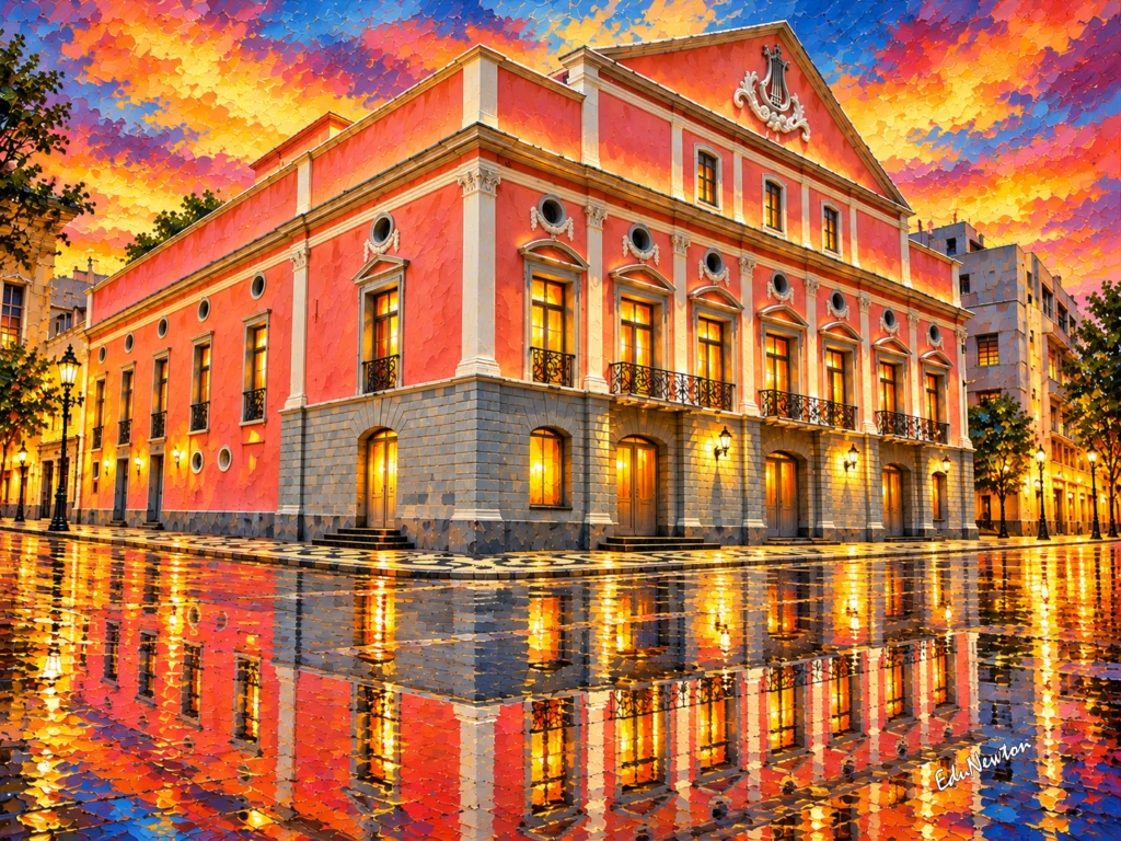 Fachada iluminada do Teatro Arthur Azevedo, em São Luís.