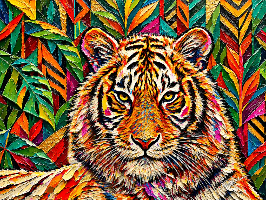 Tigre de olhar sereno visto de frente, cercado por folhas e formas coloridas.