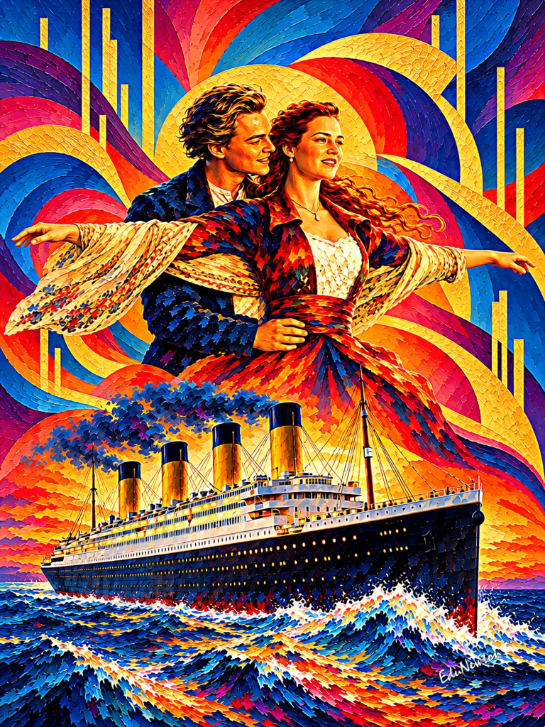 Leonardo DiCaprio e Kate Winslet de braços abertos acima do navio Titanic.
