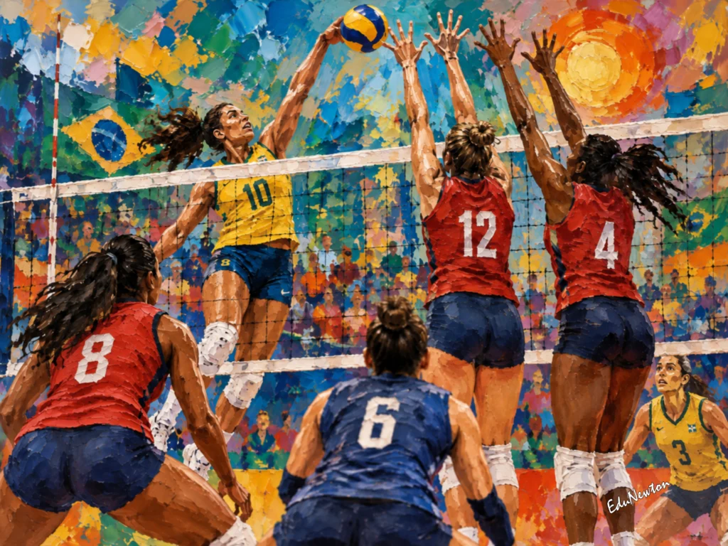 Atacante brasileira de vôlei salta para alcançar a bola diante do bloqueio adversário.