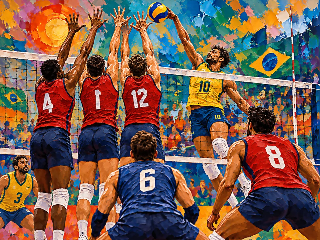 Jogador da seleção brasileira de vôlei ataca diante de um bloqueio triplo.