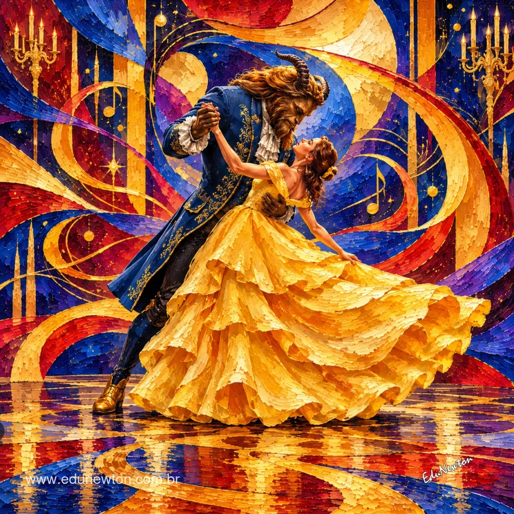 Belle and the Beast dance together in an illuminated ballroom, in a scene of meeting and growing closeness inspired by the fairy tale.
