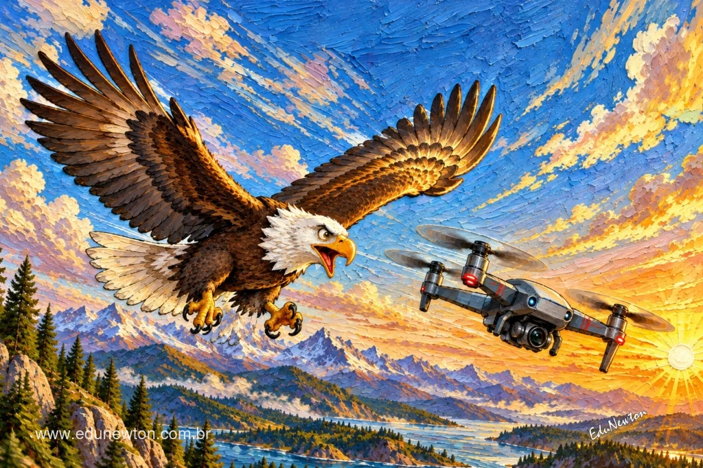 Un &aacute;guila y un dron comparten el vuelo sobre monta&ntilde;as y aguas.