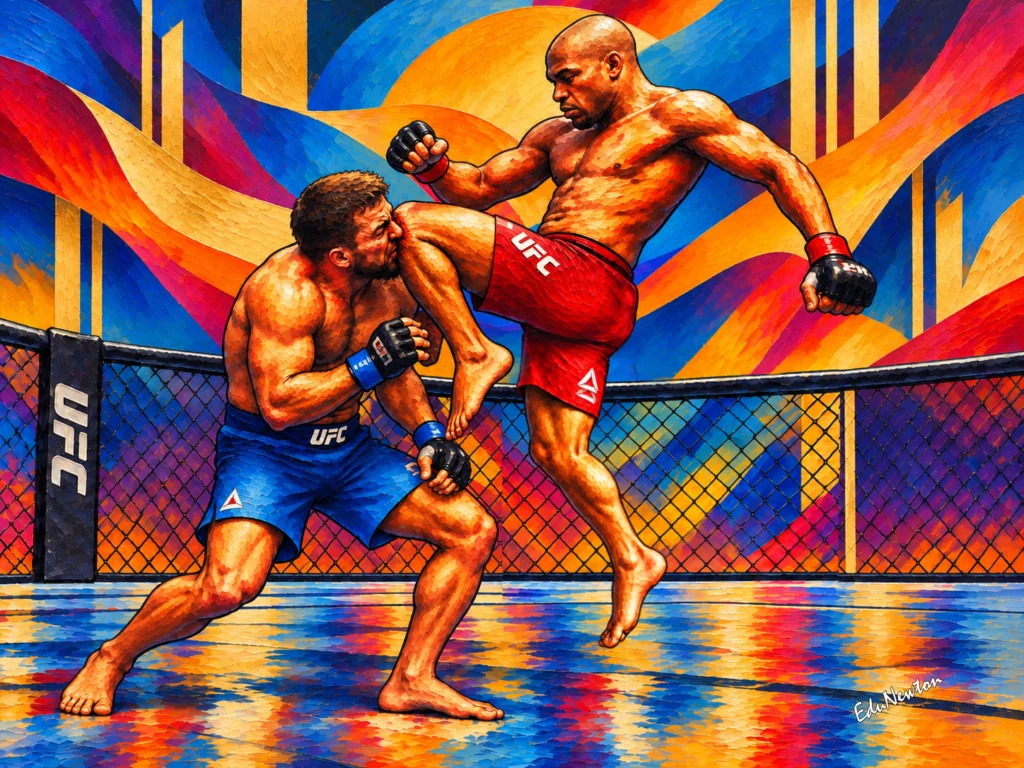 Anderson Silva aplica uma joelhada durante uma luta de MMA, em um instante de grande tensão no octógono.